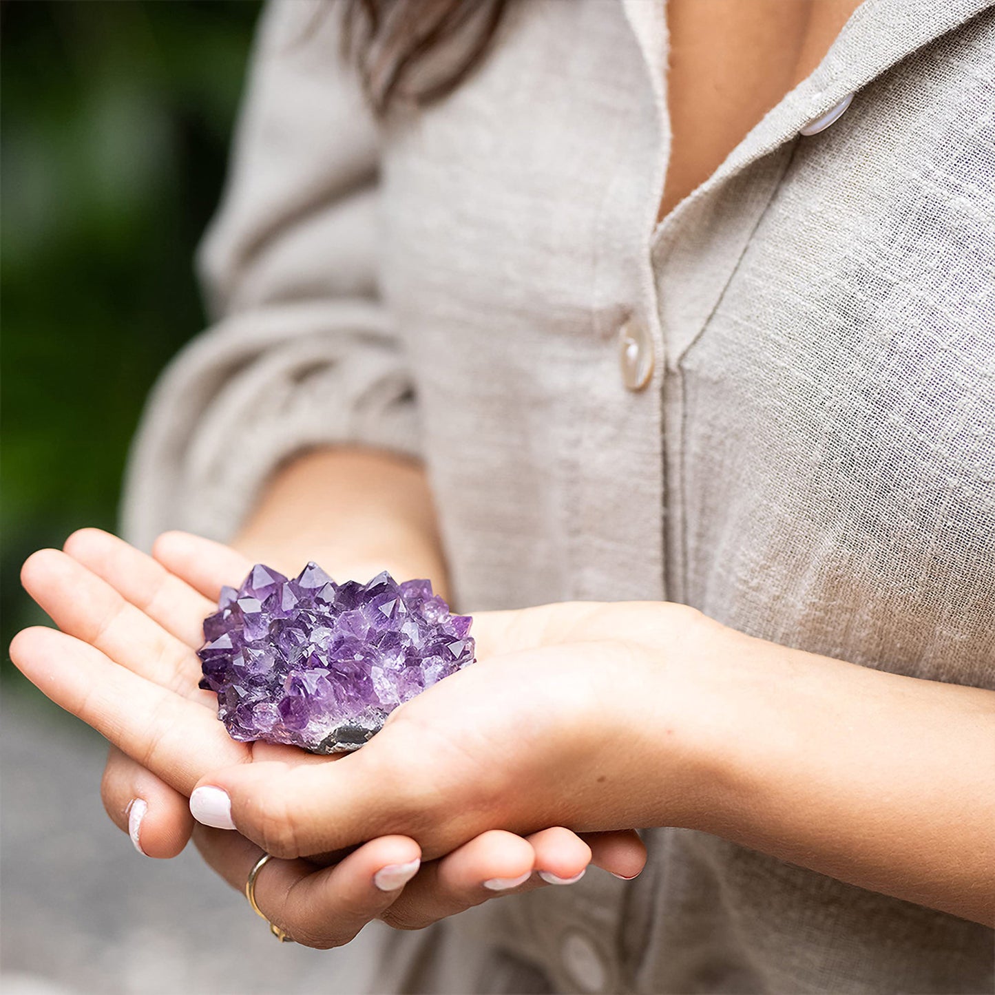 Amethyst cluster, woman holding crystals, 7 Chakra set, healing crystals, meditation, Feng Shui decor