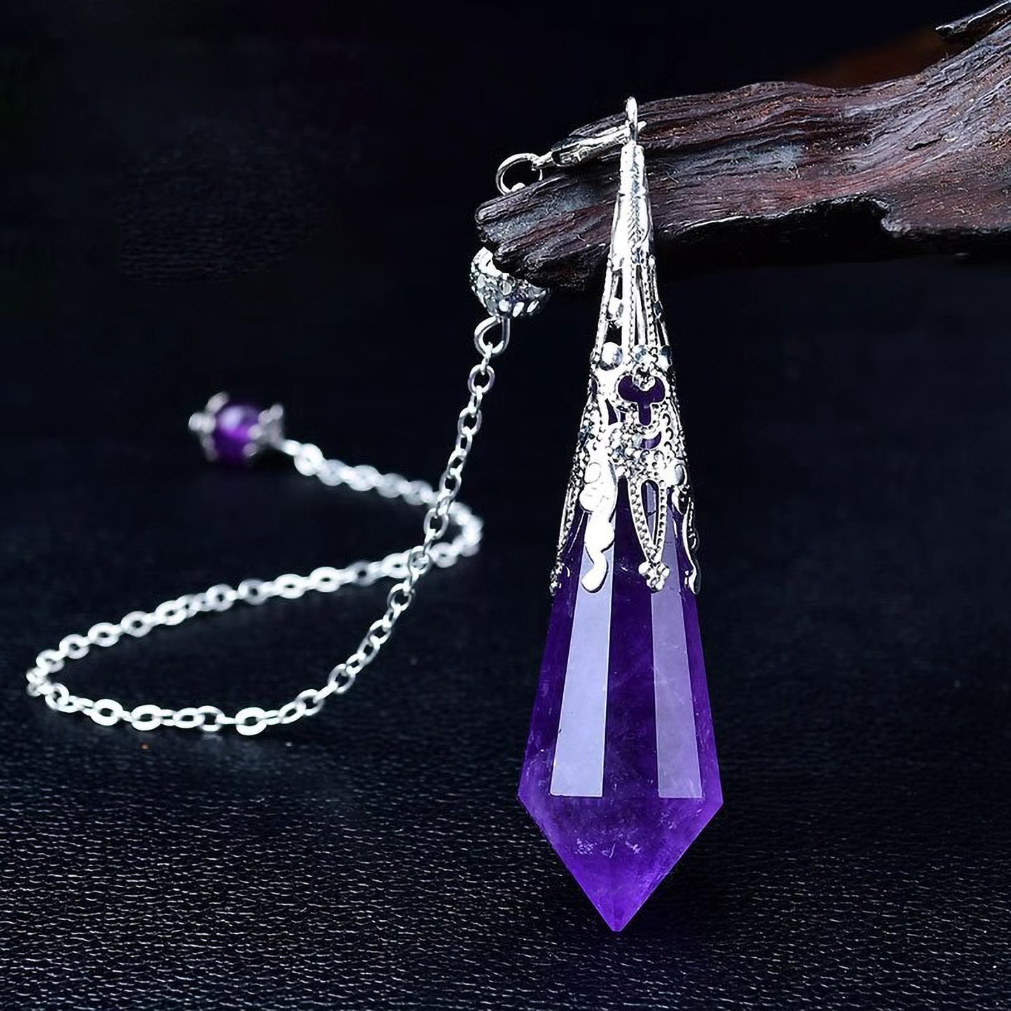 Amethyst crystal pendulum necklace with silver chain for calming and balance