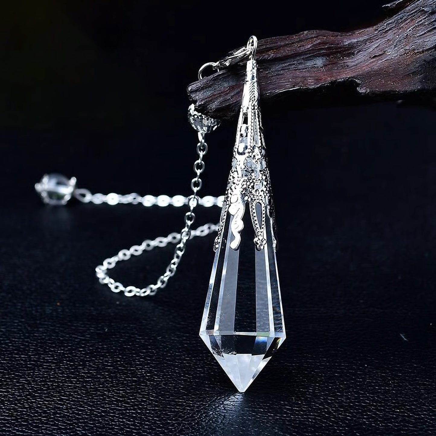 Clear Quartz pendulum necklace natural gemstone jewelry for clarity and focus