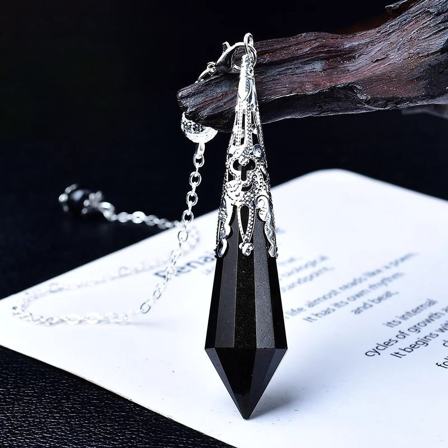 Black Obsidian crystal pendulum necklace for protection and strength