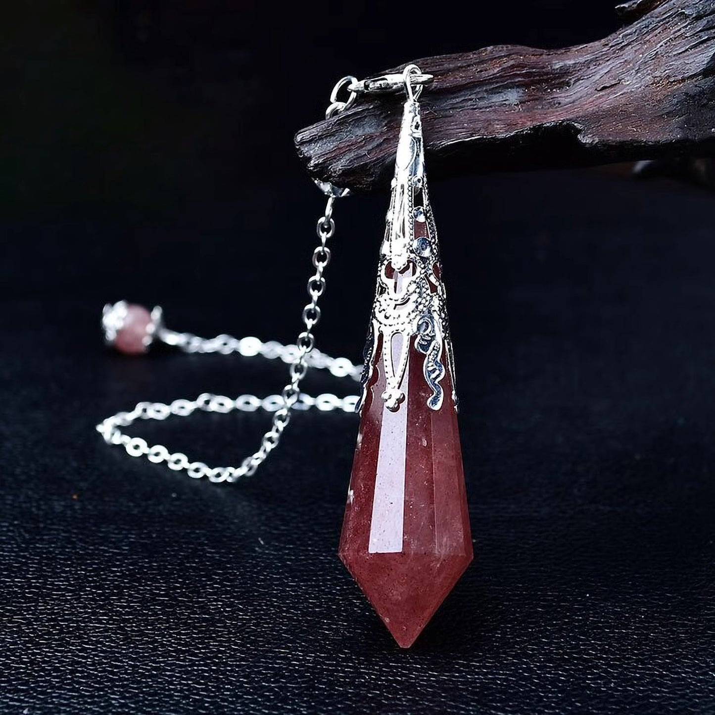 Strawberry Quartz crystal pendulum necklace for charm and positivity