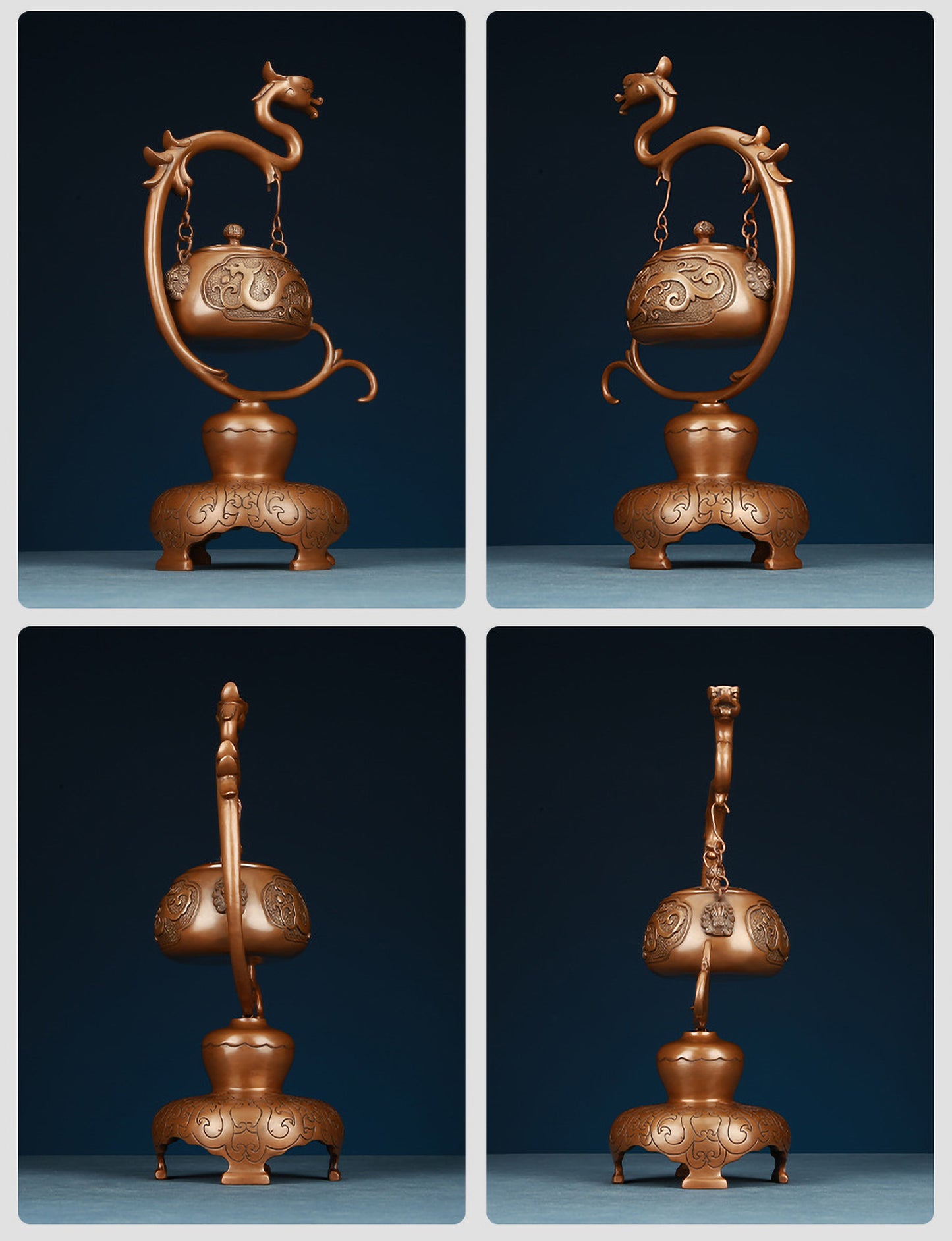 Ruize Feng Shui Red Copper Kui Dragon Pattern Hanging Incense Burner - Multi-Angle Front, Side, and Back Views