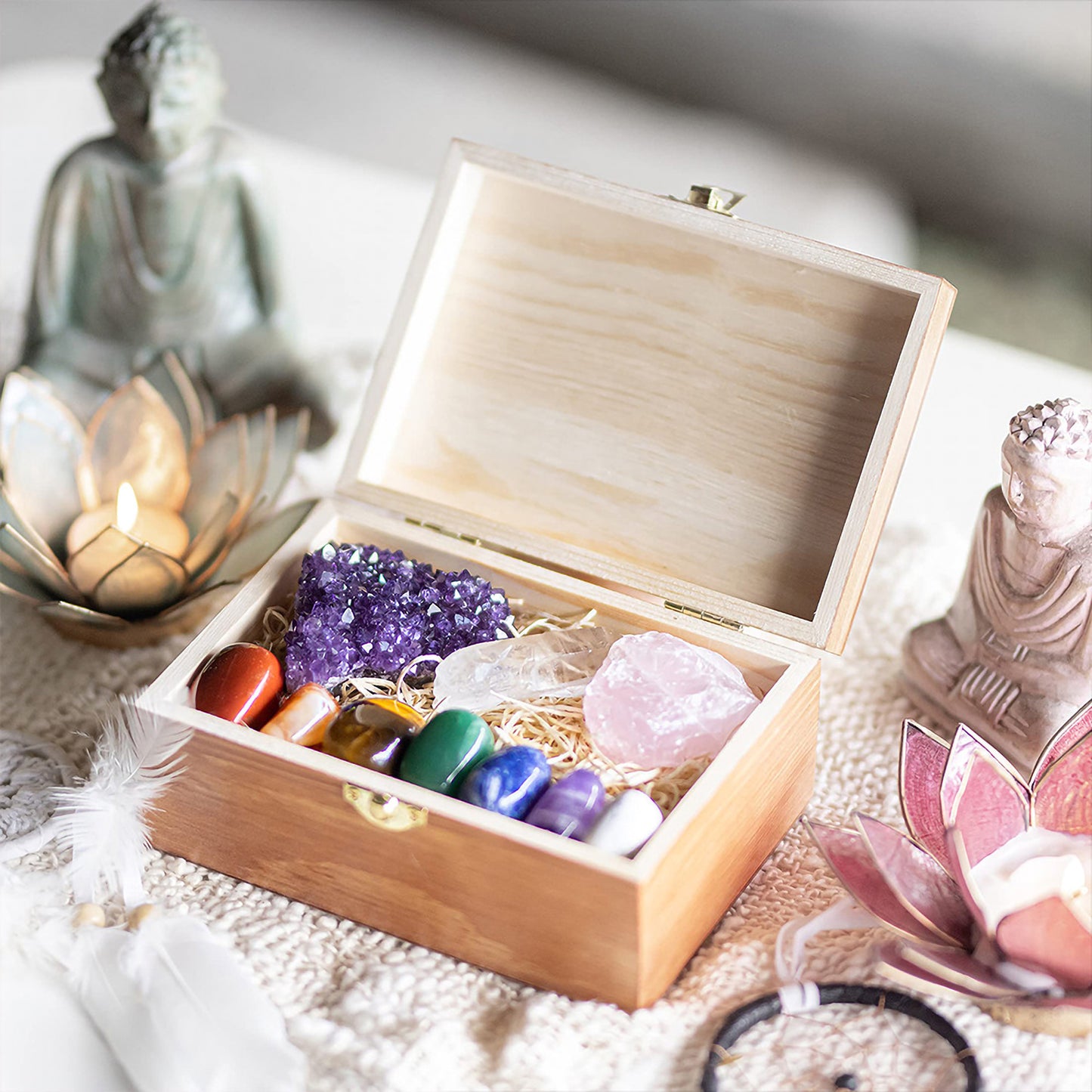 7 Chakra crystal set in wooden box, natural crystals, Amethyst, Rose Quartz, Clear Quartz, healing crystals display