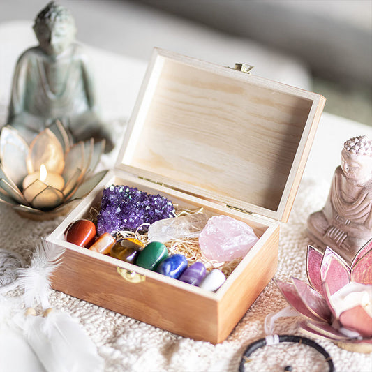 7 Chakra crystal set in wooden box, natural crystals, Amethyst, Rose Quartz, Clear Quartz, healing crystals display