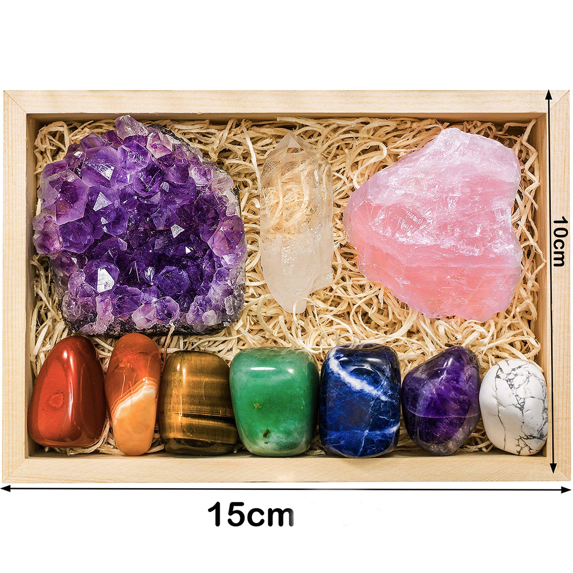7 Chakra crystal set, wooden box, size 15 by 10 cm, natural crystals, home decor, meditation tools