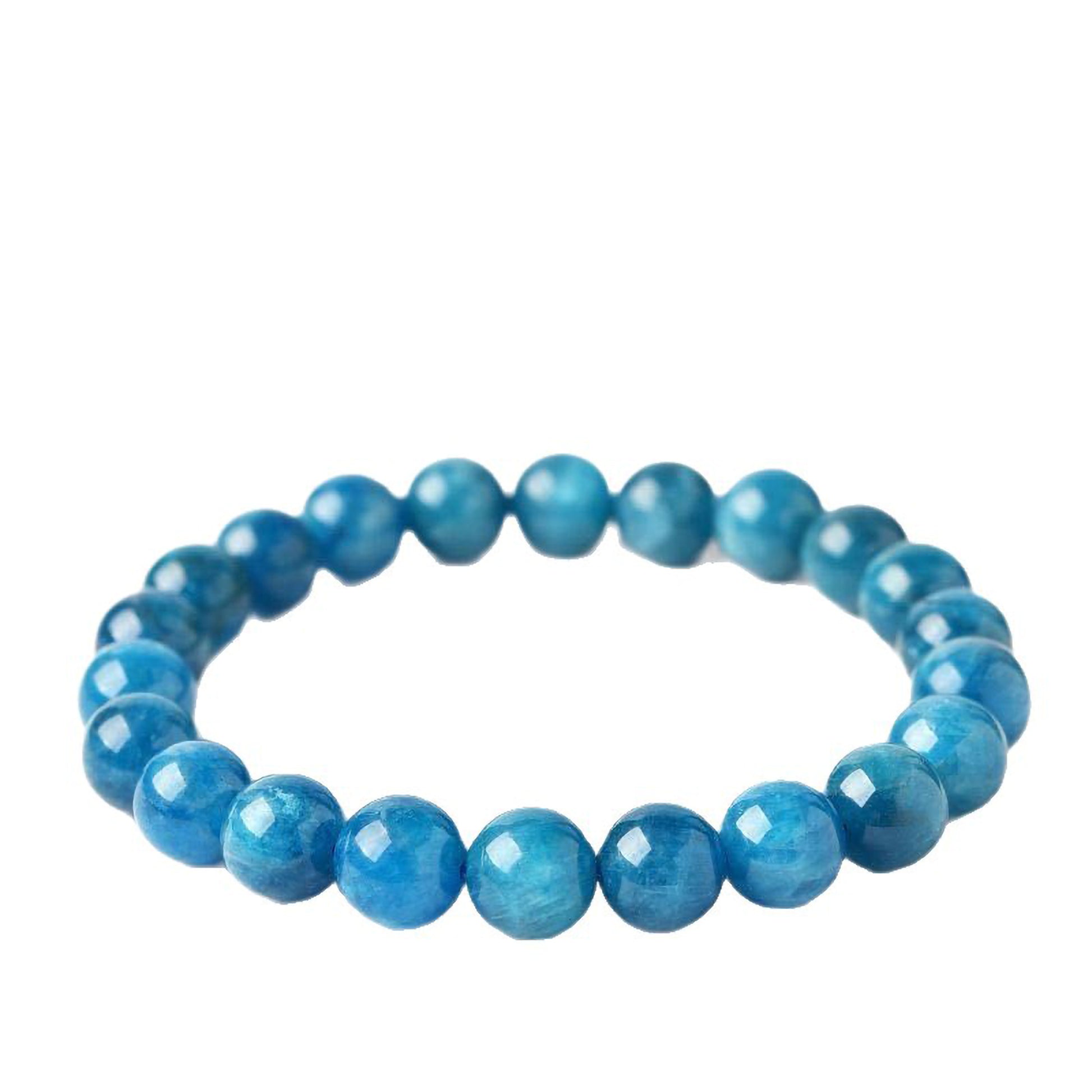 Isolated image of natural blue apatite crystal bracelet with 8mm beads, healing stone accessory