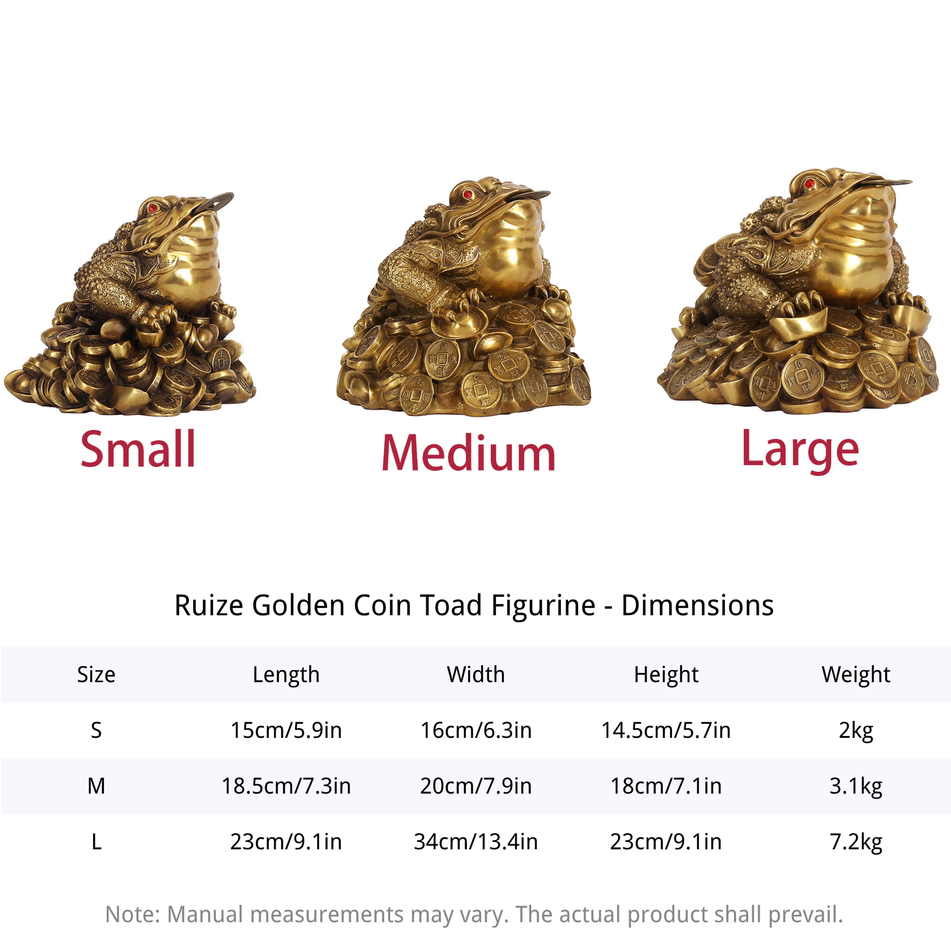 Size comparison chart of small, medium, and large brass Feng Shui three-legged toad figurines showing dimensions and weight