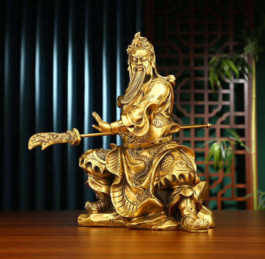 Front view of brass Guan Yu statue featuring hollow design craftsmanship and holding the Green Dragon Crescent Blade.