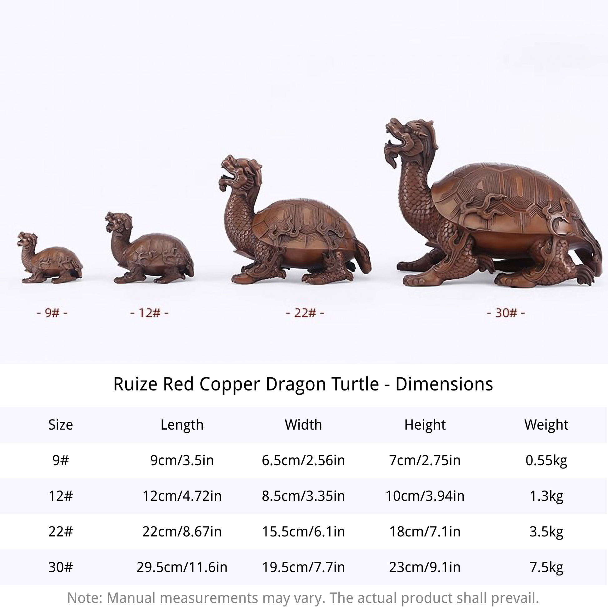 Size chart displaying dimensions and weights of bronze dragon turtles in sizes 9#, 12#, 22#, and 30#