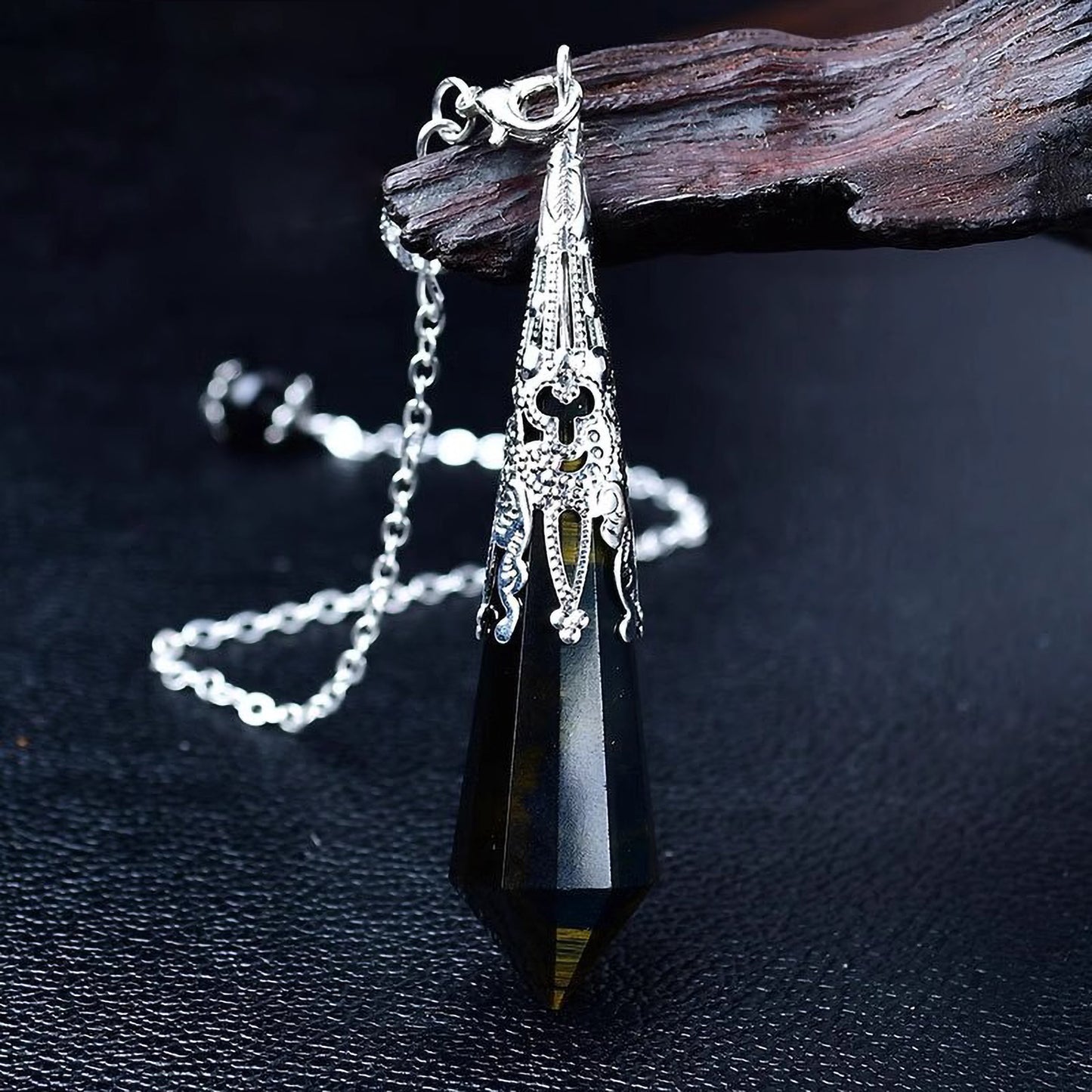 Blue Tiger’s Eye pendulum necklace natural gemstone jewelry for insight and focus