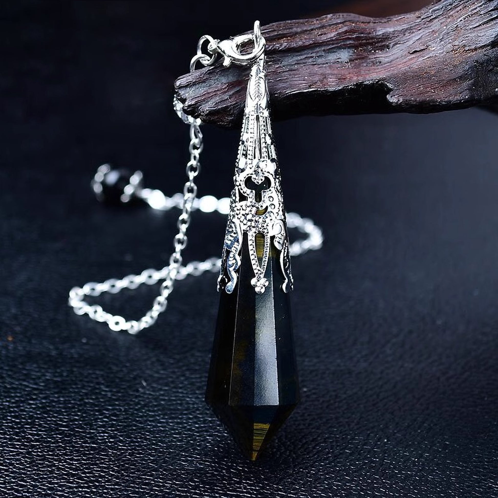 Blue Tiger’s Eye pendulum necklace natural gemstone jewelry for insight and focus