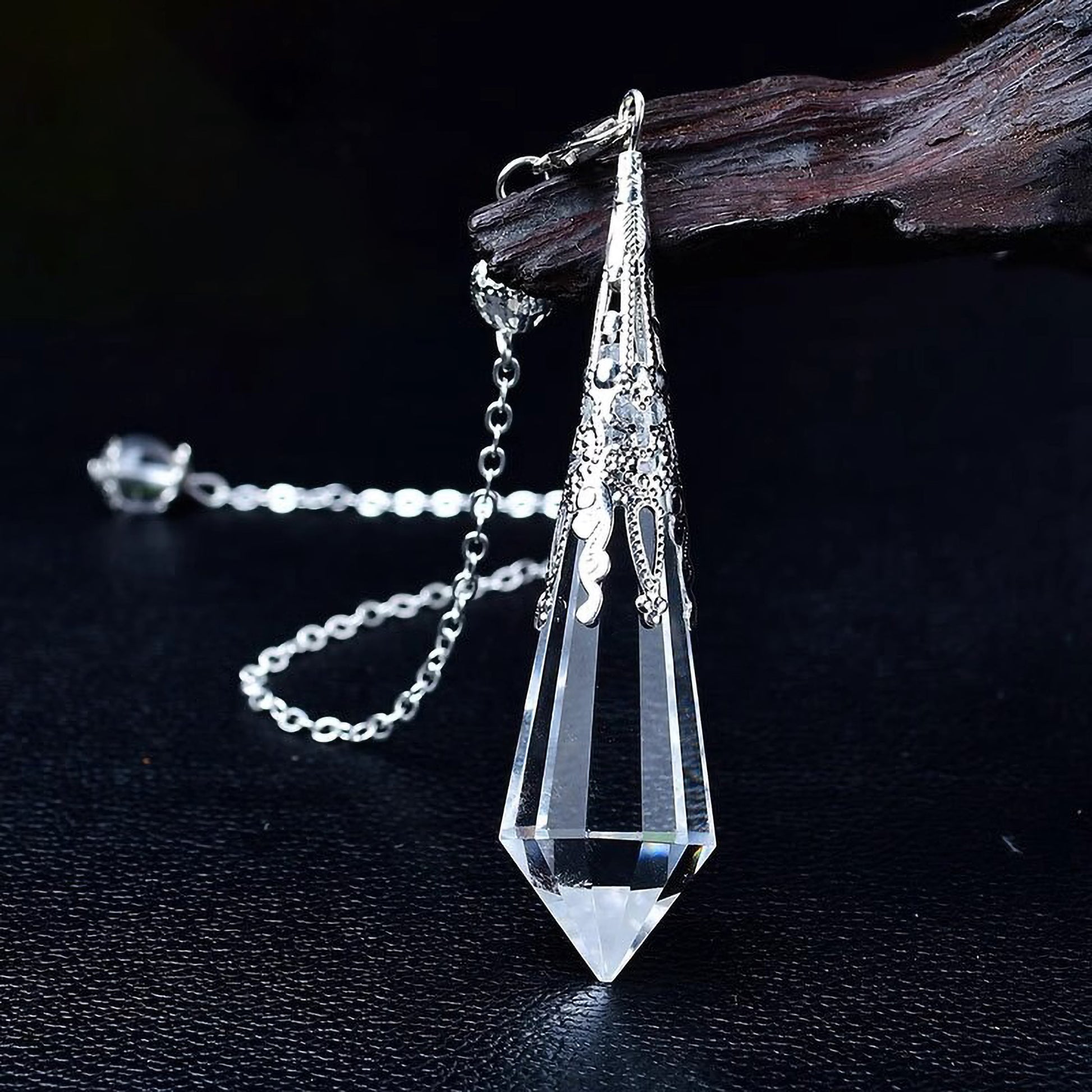 Clear Quartz pendulum necklace natural gemstone jewelry for clarity and focus