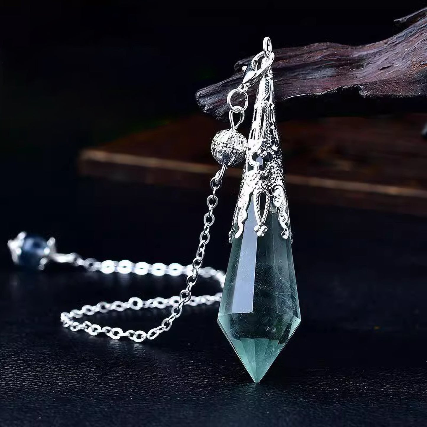 Green Fluorite crystal pendulum necklace for renewal and clarity