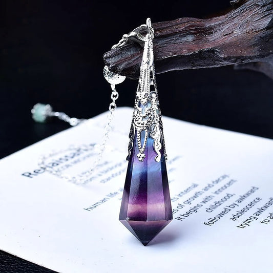 Rainbow Fluorite pendulum necklace natural gemstone jewelry for focus and inspiration