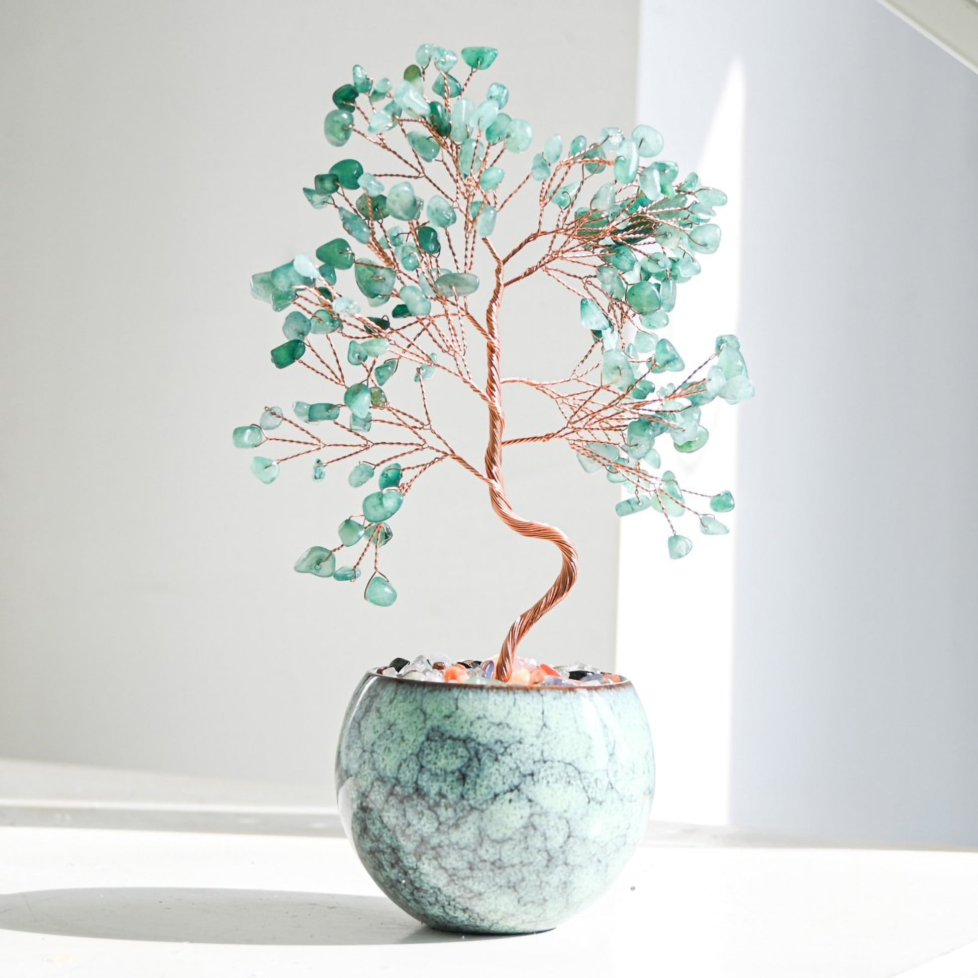 Green Aventurine Feng Shui crystal money tree with handcrafted copper wiring, displayed in a tall pot with multicolor gemstones for attracting luck, prosperity, and wealth energy