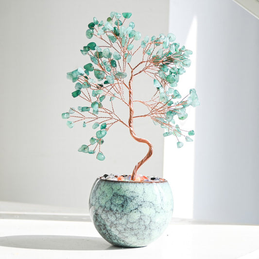 Green Aventurine Feng Shui crystal money tree with handcrafted copper wiring, displayed in a tall pot with multicolor gemstones for attracting luck, prosperity, and wealth energy