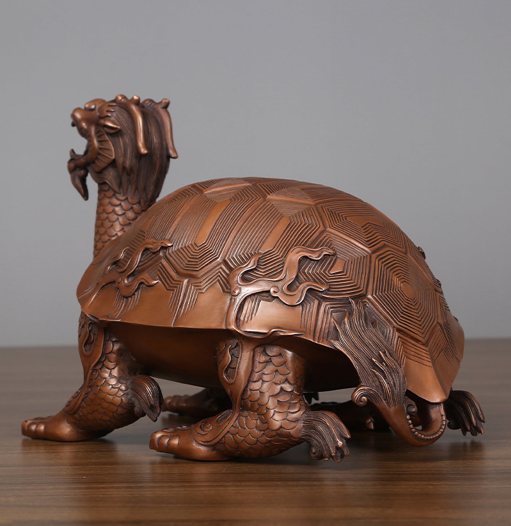 Back left 45-degree angle view showing shell and tail details of medium bronze dragon turtle