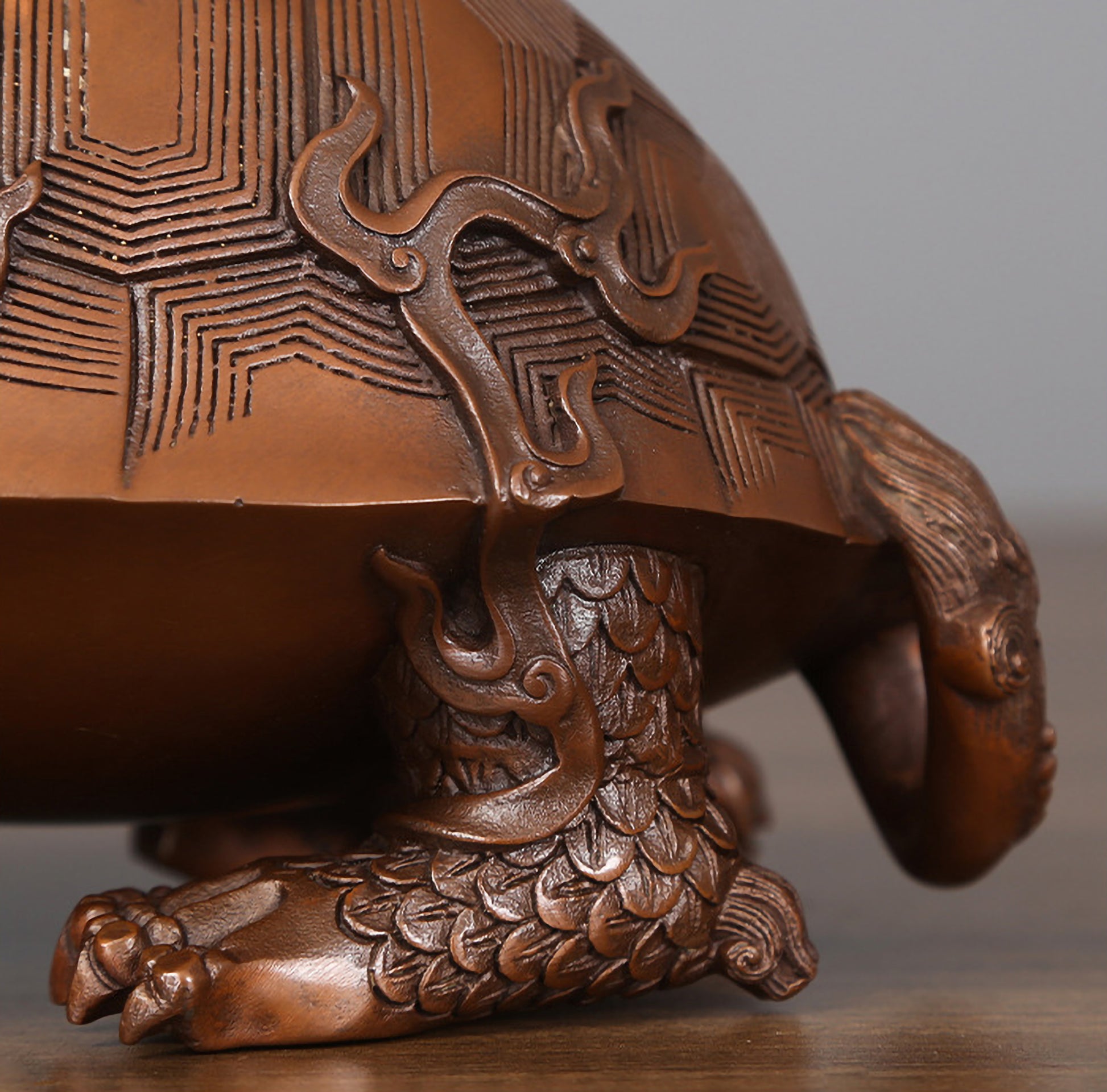 Detailed close-up of the rear foot on a medium hollow bronze dragon turtle