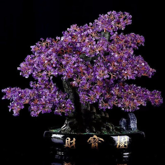 Purple amethyst crystal money tree for spiritual healing, peace, and positive feng shui energy in any space