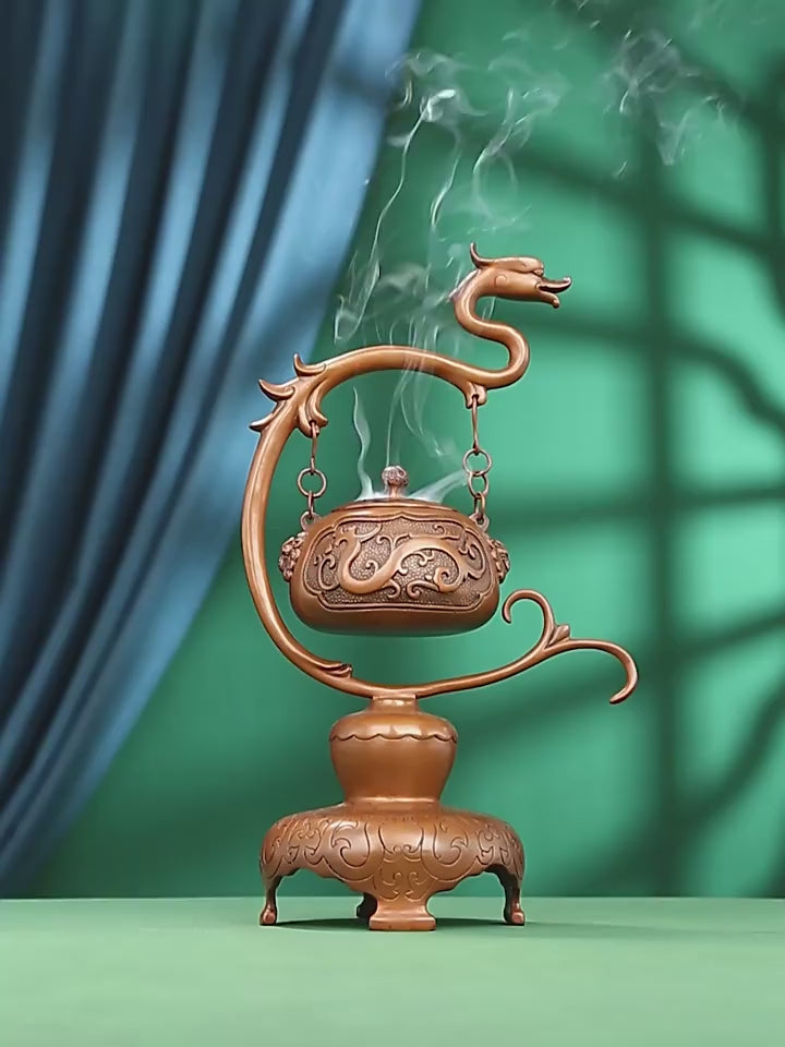 Ruize Feng Shui Red Copper Kui Dragon Pattern Hanging Incense Burner - 360° Display for Home Decoration and Meditation