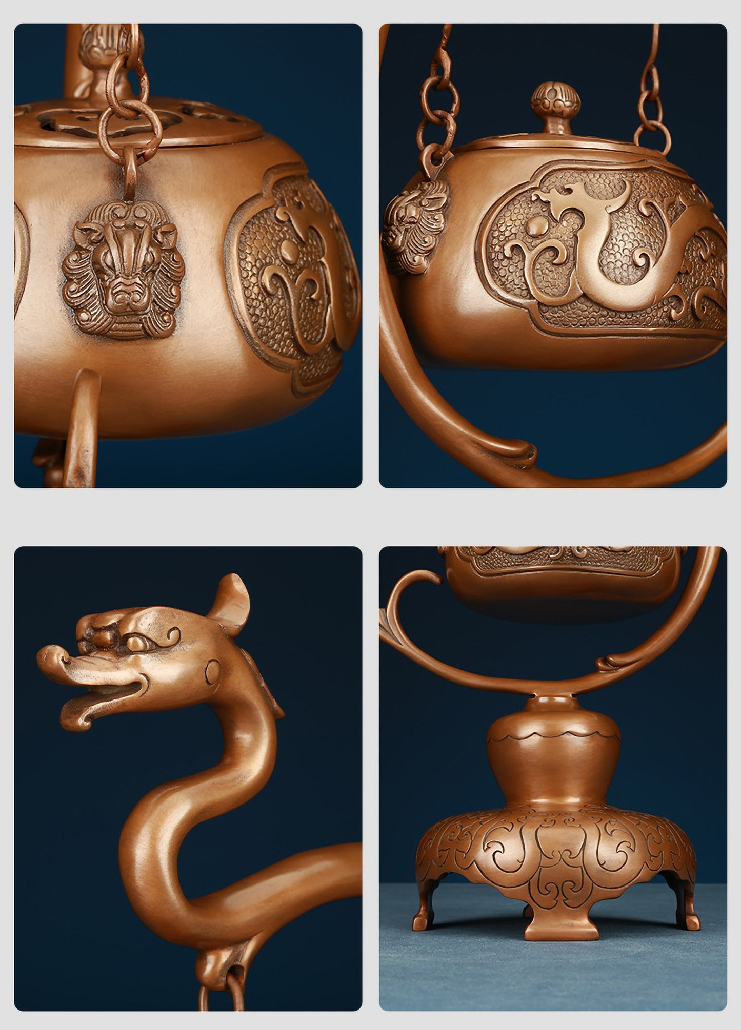 Detailed Close-Up of Ruize Feng Shui Red Copper Kui Dragon Pattern Hanging Incense Burner - Lion Heads, Dragon Spout, and Carved Patterns