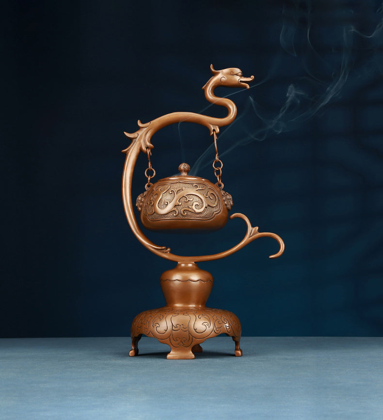 Ruize Feng Shui Red Copper Kui Dragon Pattern Hanging Incense Burner - Full View for Elegant Home and Temple Use