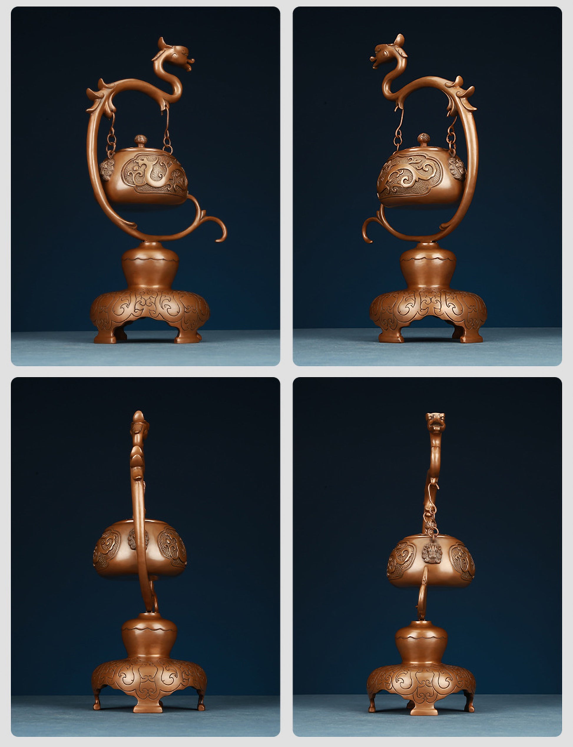 Ruize Feng Shui Red Copper Kui Dragon Pattern Hanging Incense Burner - Multi-Angle Front, Side, and Back Views
