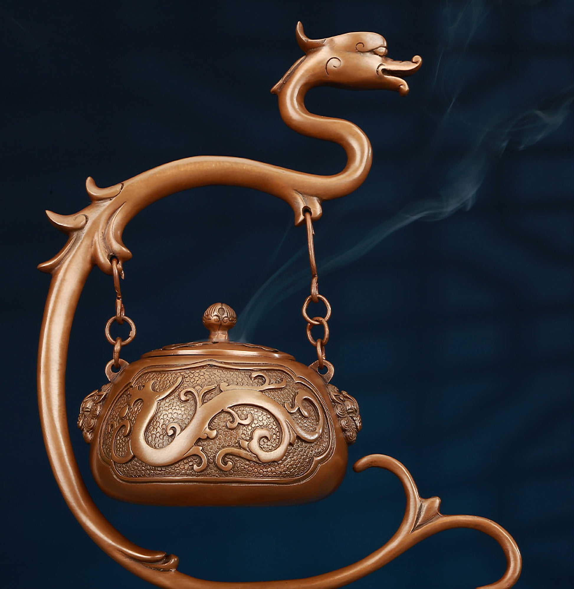 Upper Detail of Ruize Feng Shui Red Copper Kui Dragon Pattern Hanging Incense Burner - Dragon Handle and Lid Engraving