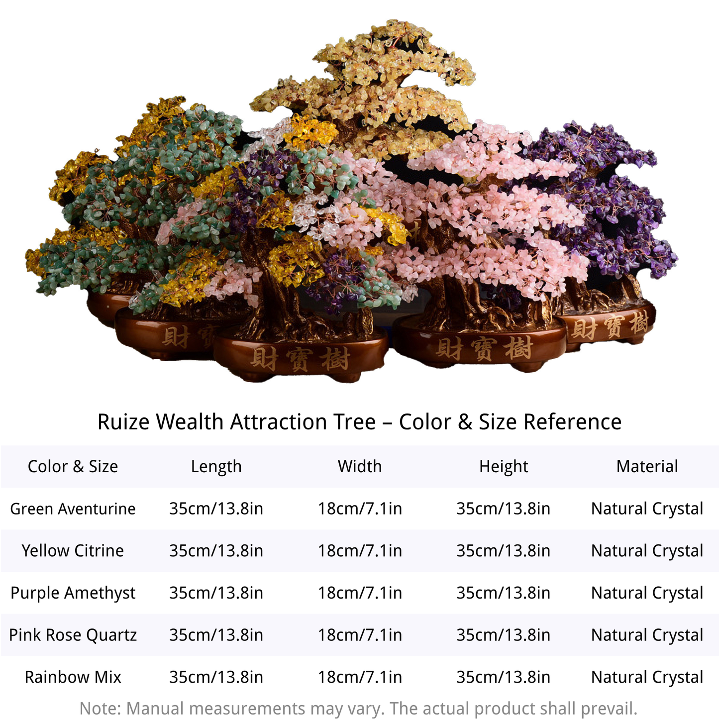 Ruize Feng Shui Wealth Attraction Crystal Tree - Color and Size Reference for Home Prosperity